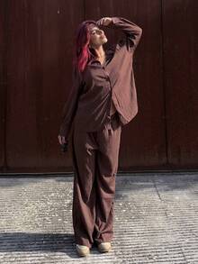 Bearsaez Bộ 2 món áo sơ mi và quần màu trơn mặc thường ngày và công sở cho nữ - màu nâu - Xem 3