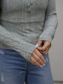 SAYEHFBABY Women's Sage Green Rib Knit Top, Front Center Button, Long Sleeve Tee - Mint Green - View 3