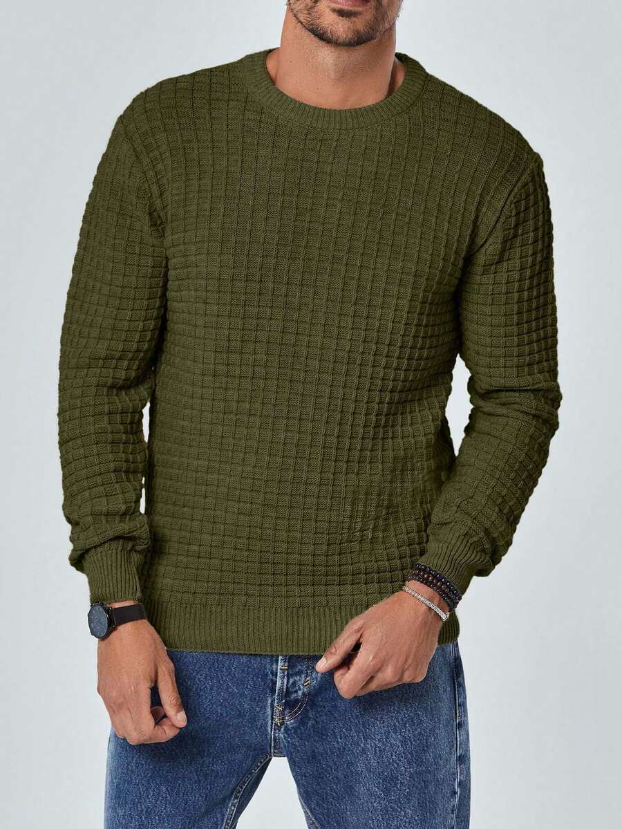 SHEIN Cottnline Men's Casual Basic Modest Everyday Semi Formal Vacation Commute Simple Solid Color Textured Knit Sweater Fall Men Top Olive Green - Army Green - View 1