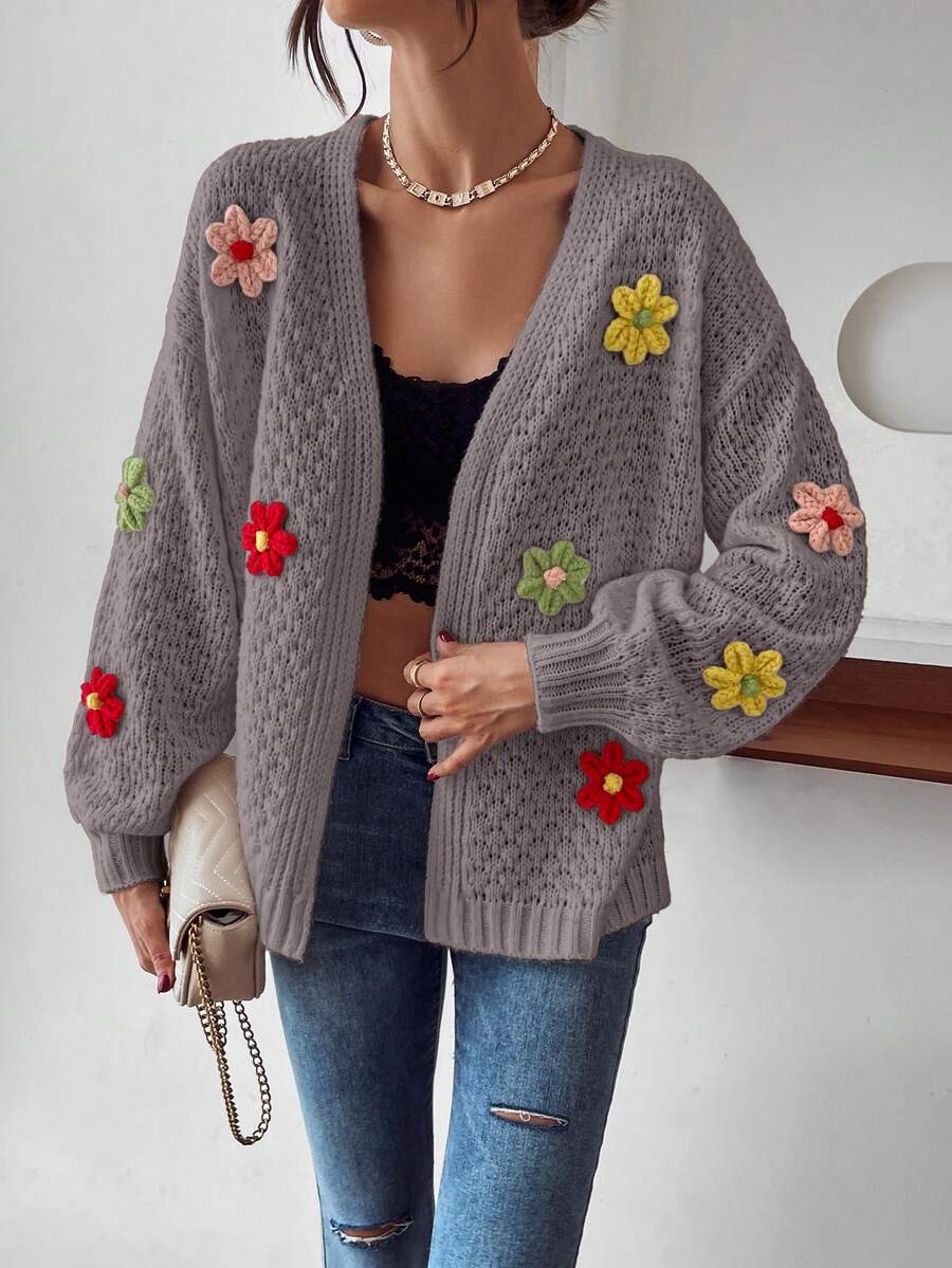 SHEIN LUNE Women's Colorful Floral Decor Casual Long Sleeve Cardigan, Christmas - Mocha Brown - View 1