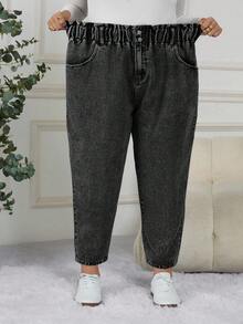 SHEIN CURVE+ Quần jeans túi hộp co giãn cao dành cho nữ cỡ lớn - Màu xám đen - Xem 8