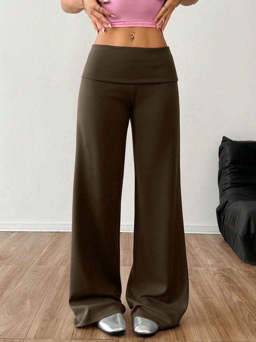 SHEIN EZwear 女士高腰阔腿宽松休闲裤 咖啡棕色 秋冬 - 咖啡棕 - 查看 1