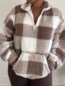 Tyla Gomez Buffalo Plaid Print Half Zip Drop Shoulder Teddy Sweatshirt,Long Sleeve Tops In Fall/Winter - Multicolor - View 3