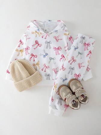 THE HAPPY LOOK 2pcs/Set Young Girl Bow Knit Soft Round Neck Long Sleeve Pullover Sweatshirt And Elastic Waist Pants