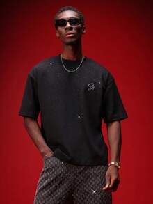 SUMWON Relaxed Fit Crew Neck Tee With Scattered Rhinestone Details Casual Short Sleeve Cotton Top Plain - Black - View 5