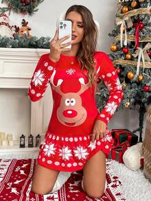 EMERY ROSE Rochie de damă mărime mare, cu imprimeu floral de ren, mânecă lungă și talie strânsă, toamnă/iarnă