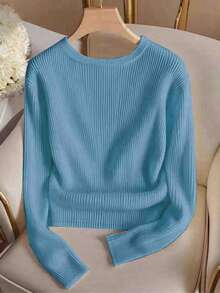 Franclia Elegant Round Neck Knit T-Shirt, Minimalist Fashion Knit Top, Autumn/Winter - Blue - View 2