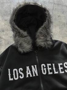 AXEPEAK Men's Letter Print Long Sleeve Zip-Up Hooded Sweatshirt With Fur Collar, Casual For Autumn/Winter - Black - View 3