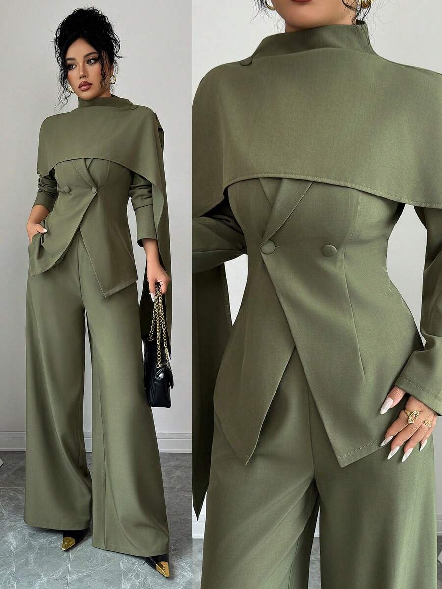 SHEIN Elenzya Women's Military Green Stand Collar Poncho Design V-Neck Waist Cinched Long Sleeve Jacket, Loose Straight Leg Pants Suit, Professional Outfit, Elegant Vibe, Fashionable Autumn Essential, Versatile 3-Piece Set - Army Green - View 1