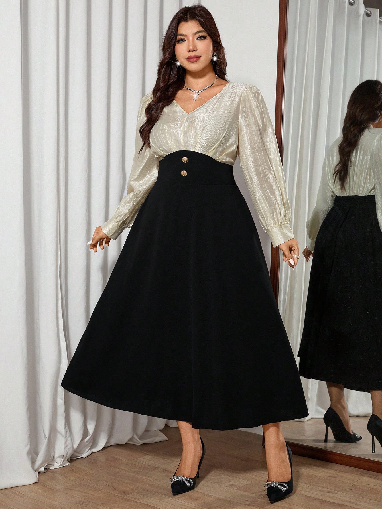 Modelyn فستان أنيق متوسط الطول بأكمام طويلة وياقة...