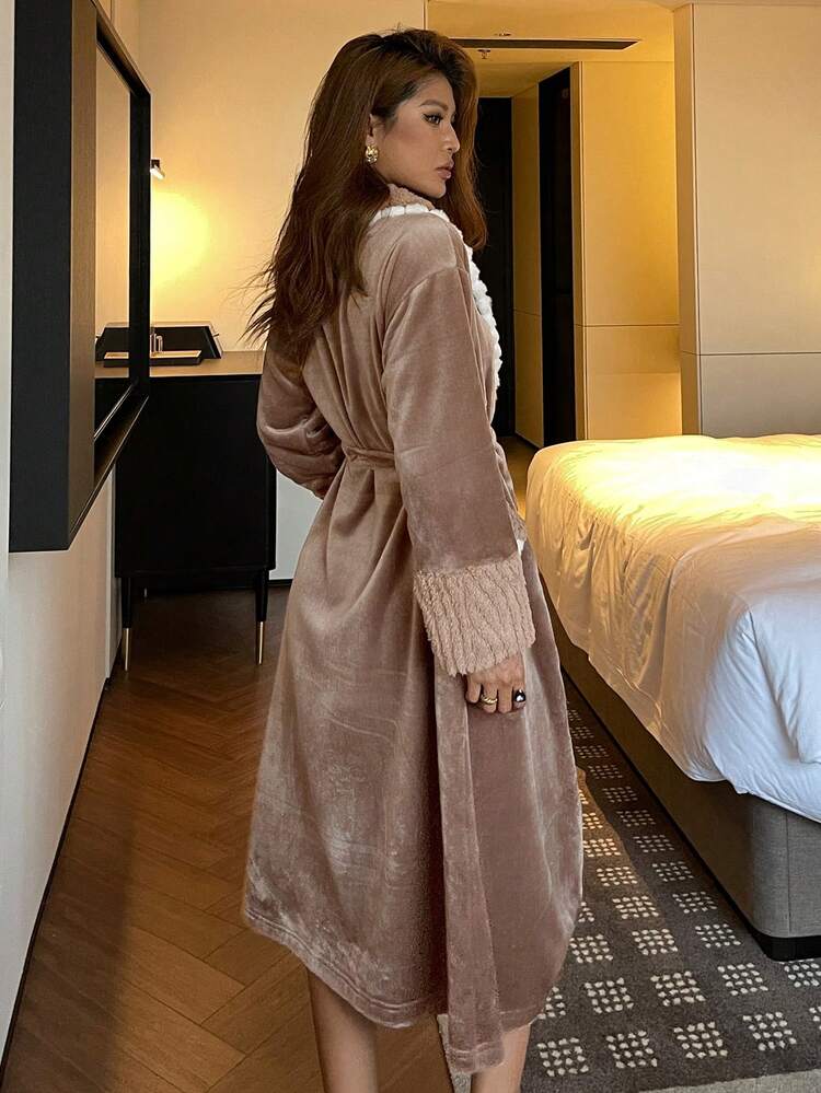 Women's Textured Fleece Thick Long Fluffy Cozy Robe With Contrast Color Oversized Collar, Winter
