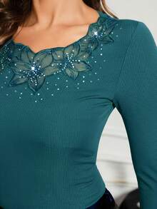 SHEIN Clasi Élégant Top pour femme avec col et poignets en dentelle - Bleu canard - Voir 6