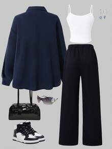 SHEIN 3pcs/Set Teenage Girls Casual Commute Outfit, Delicate Fresh Floral Print Lightweight Shirt, Basic Camisole, And Solid Color Wide Leg Pants, Spring/Summer - Navy Blue - View 2