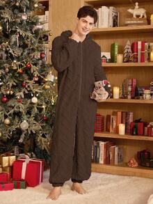 SHEIN Solid Color Zipper Plush Jacquard Hooded Men's Fluffy Cozy Winter Jumpsuit Loungewear - Coffee Brown - View 6
