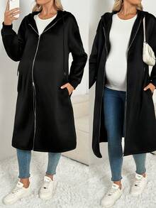 SHEIN Maternity Solid Color Long Sleeve Zip Up Hooded Jacket,Casual Autumn Pregnant Clothes For Women,Office Fall Winter Drop Shoulder Drawstring Coat - Apricot - View 1