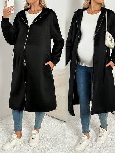 SHEIN Maternity Solid Color Drop Shoulder Long Sleeve Zip Front Drawstring Hooded Casual Regular Jacket, Autumn Pregnant Clothes Long Jacket For Women Maternity Clothes Fall Winter Black Zip Up Coat