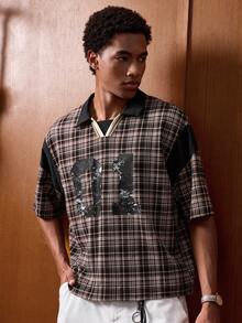 SWAVVY Standard Size Men's Fashion Plaid Patchwork Letter Print Polo Shirt - Brown - View 4