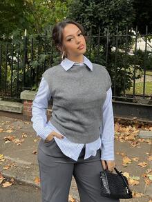 NegzBox Elegant High Neck Loose Casual Versatile Sleeveless Knit Sweater Vest In Fall/Winter - Dark Grey - View 1