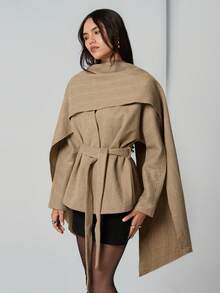 TRNVIE 一件卡其色围巾披肩V领宽松直筒袖外套，休闲、通勤、休闲、时尚女装，冬季 - 卡其色 - 查看 4