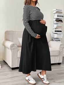 SHEIN 孕妇拼布条纹圆领长袖休闲宽松连衣裙 - 黑色 - 查看 4