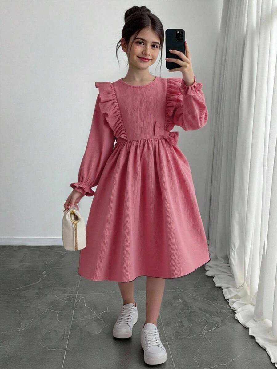 SHEIN 青少年女孩秋冬装青少年女孩编织纯色圆领荷叶边下摆休闲连衣裙,适合生日派对、度假,非常适合秋冬季休闲和日常穿着以及上学日常,适合圣诞节, - 粉色 - 查看 1