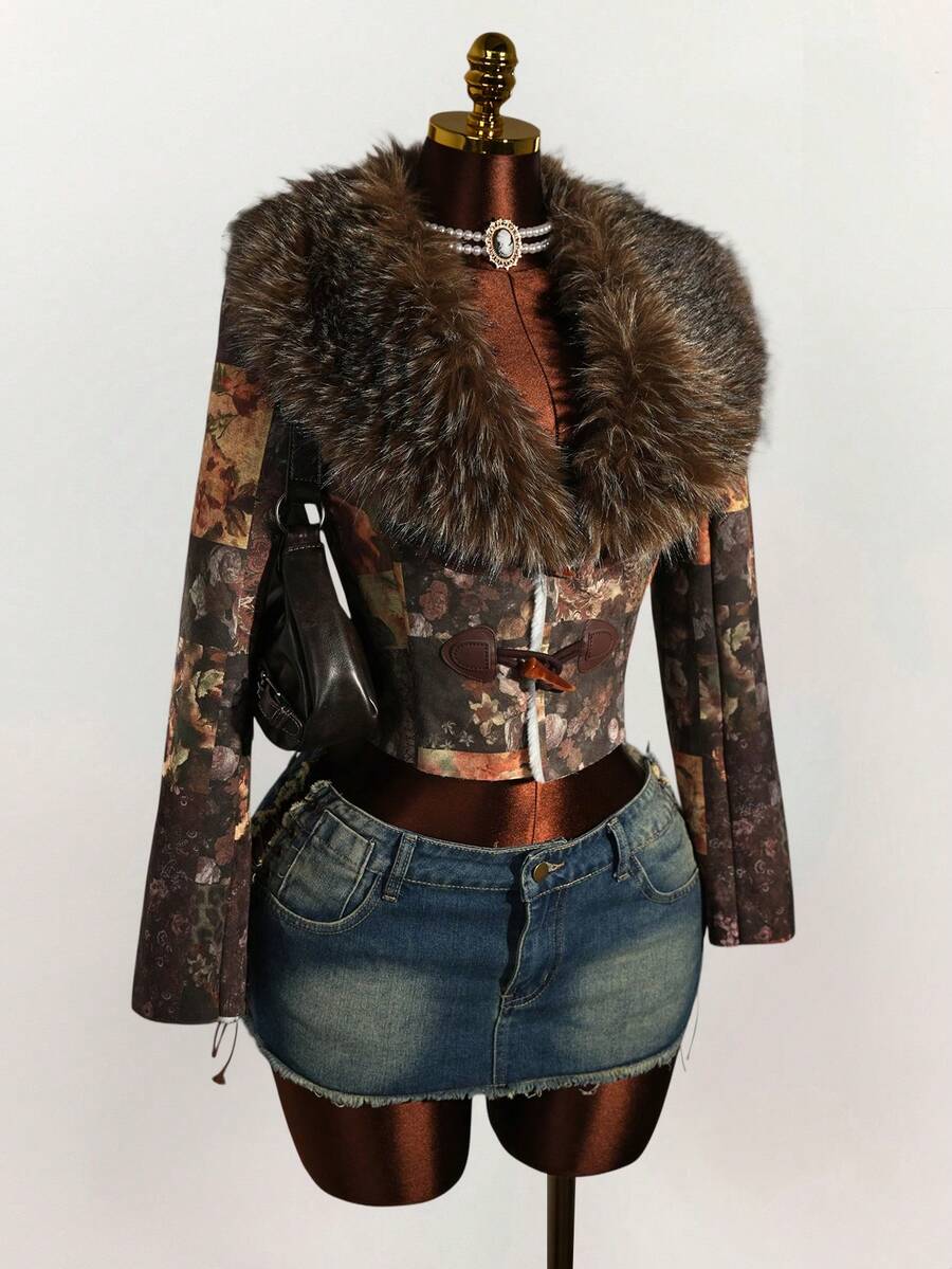 Amplova Y2K 女士复古拼接印花人造毛皮饰边夹克，秋季棕色夹克，适合秋冬季节。感恩节和新年适用。 - 彩色 - 查看 1