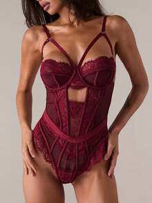 SHEIN BAE Hollow Out Lace Detail Sexy Bodysuit Lingerie, Going Out - Burgundy - View 6