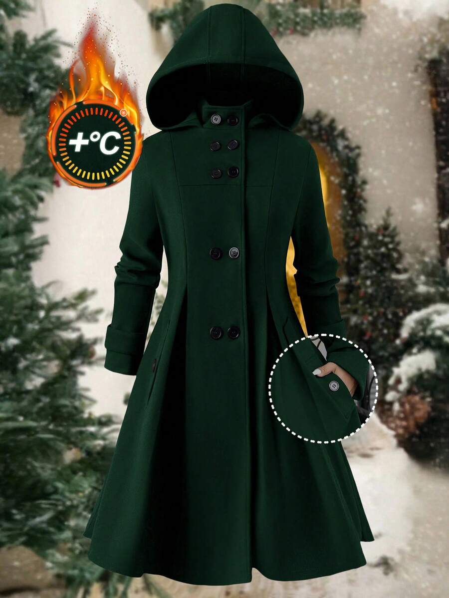 Ellevyn Áo khoác ngoài tay dài có mũ trùm đầu hai hàng khuy màu trơn cỡ lớn, thắt eo - Màu xanh lá cây đậm - Xem 1