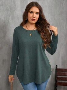 SHEIN Clasi Plus Size Women's Casual Solid Color Basic Round Neck Long Sleeve T-Shirt - Dark Green - View 5