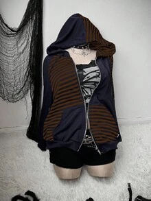Sunspun Chaqueta con capucha y cremallera holgada con estampado de calavera oscura y rayas de contraste en talla grande - Multicolor - Ver 4