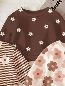 SHEIN 3 件可爱花卉系列，奶油白色，棕色条纹，棕色，女婴休闲简约舒适厚实柔软圆领运动衫，适合秋冬季，日常穿着，新年，家居