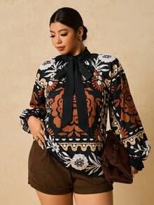 Travachic Plus Size Vintage Floral Print Shirt, Autumn - Khaki - View 6