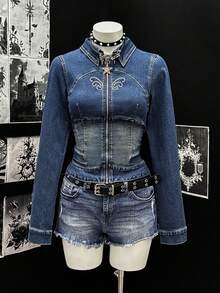 Jeanoix 女士长袖拉链翻领修身牛仔外套 - 深色水洗藍 - 查看 1