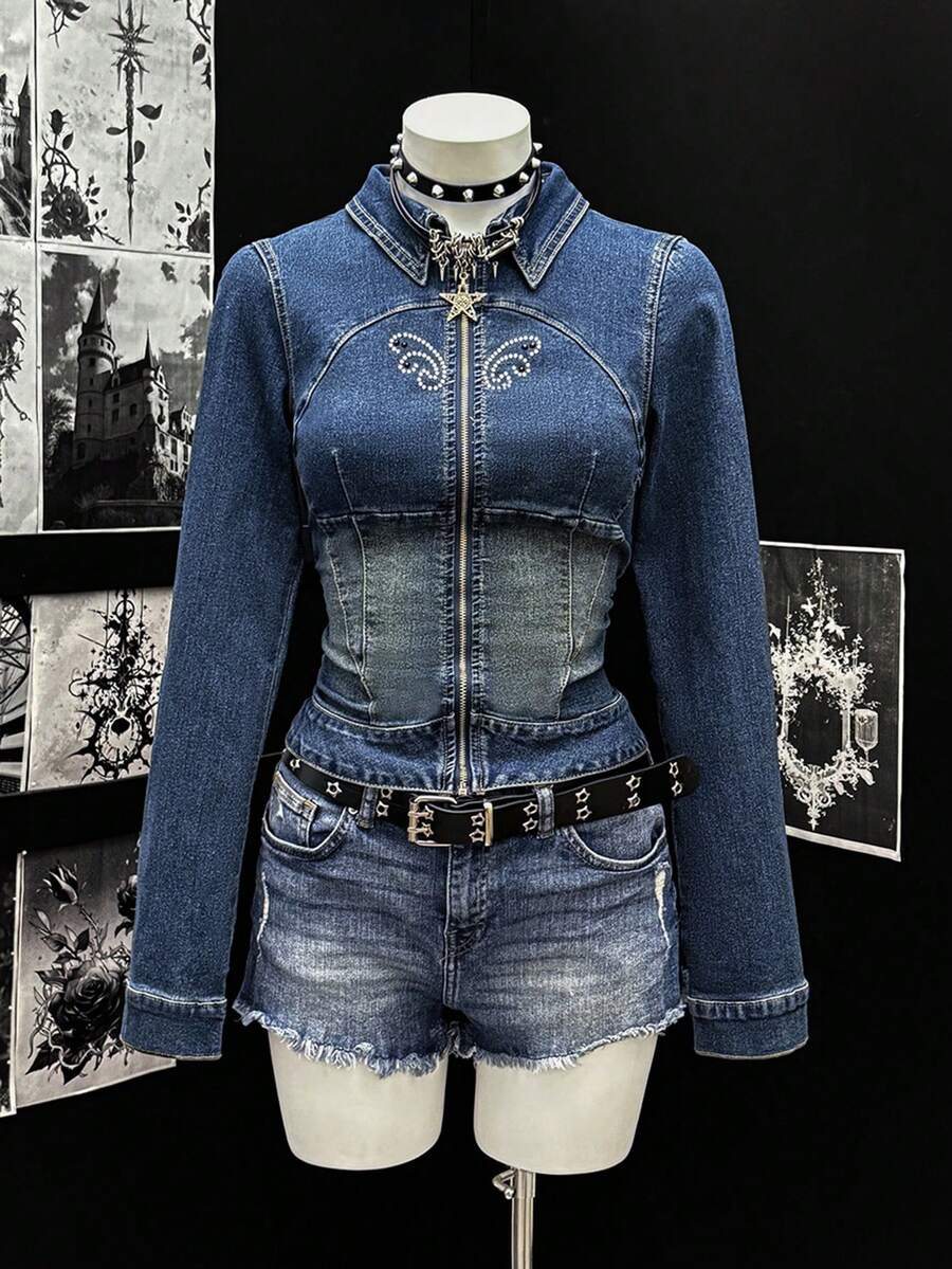 Jeanoix 女士长袖拉链翻领修身牛仔外套 - 深色水洗藍 - 查看 1