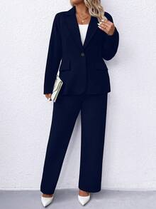 Linhara بلايزر كاجوال للعمل بياقة مفصصة أكمام طويلة لون أحادي للنساء مقاسات كبيرة