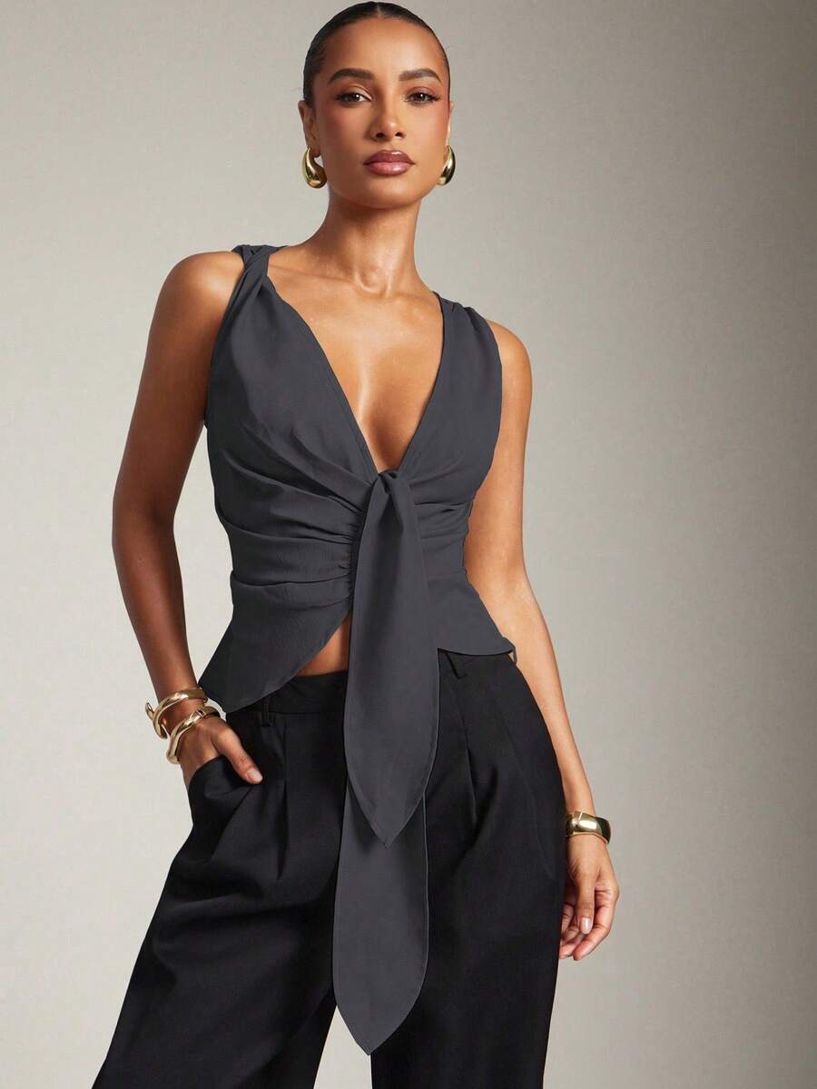 Hauture Áo vest nữ thiết kế bất đối xứng màu trơn thời trang - Màu xám đen - Xem 1