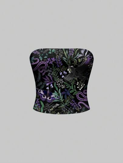 Goth توب أنبوبي للنساء مستوحى من الطراز القديم بتصميم أزهار بلون البنفسجي الداكن والأسود بطبعة أفعى