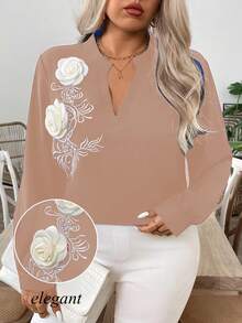 SHEIN Clasi Áo cánh thanh lịch thêu hoa 3D đính đá màu đen cỡ lớn cho nữ - Màu Khaki - Xem 7