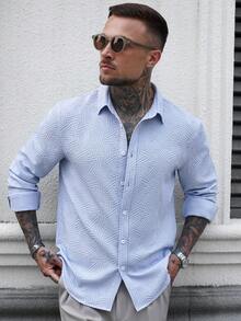 Manfinity Homme Men's Blue Textured Geometric Casual Long Sleeve Shirt - Baby Blue - View 4