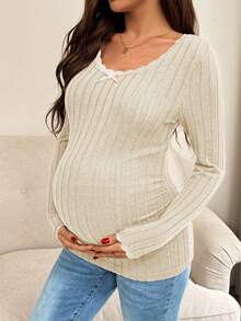 SHEIN Maternity Ribbed Rib Lace Patchwork Round Neck Long Sleeve T-Shirt - Apricot - View 3