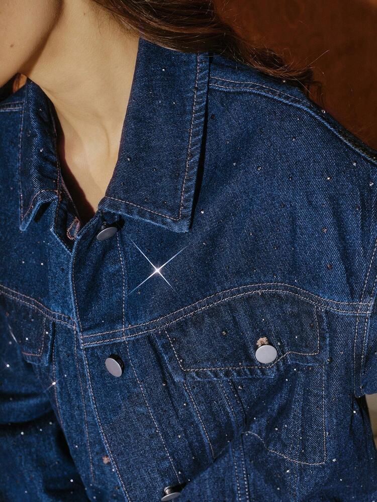 Women's Autumn Dropped Shoulder Long Sleeve Single-Breasted Rhinestone Embellished Loose Casual Denim Jacket