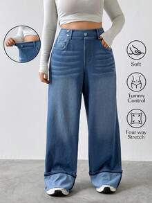 Flexra 大码女式弹力休闲卷边牛仔裤，四季皆宜 - 藍色 - 查看 1