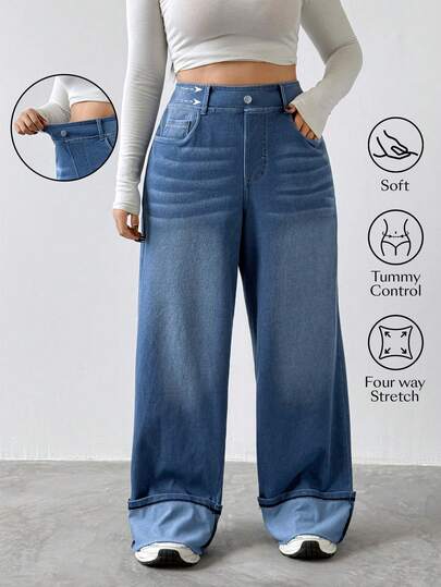 Flexra Plus Size Women Elastic Casual Cuffed Hem Jeans, All Season