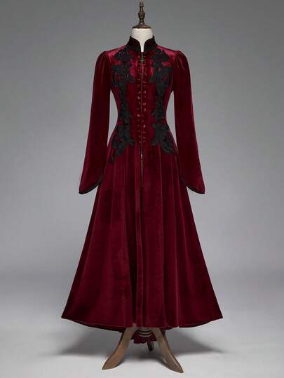 Goth Giacca lunga da donna in stile gotico retrò, con dettagli in pizzo a contrasto di colore e velluto