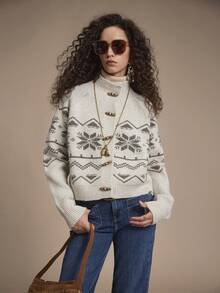 Florisole كارديجان نسائي بأكمام طويلة وأزرار قرنية بنمط هندسي من نوع فير آيل، شعور بالكسل