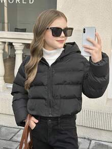 SHEIN 青少年女孩纯黑色冬季连帽短款黑色棉服冬季外套，秋冬思考者 - 黑色 - 查看 1