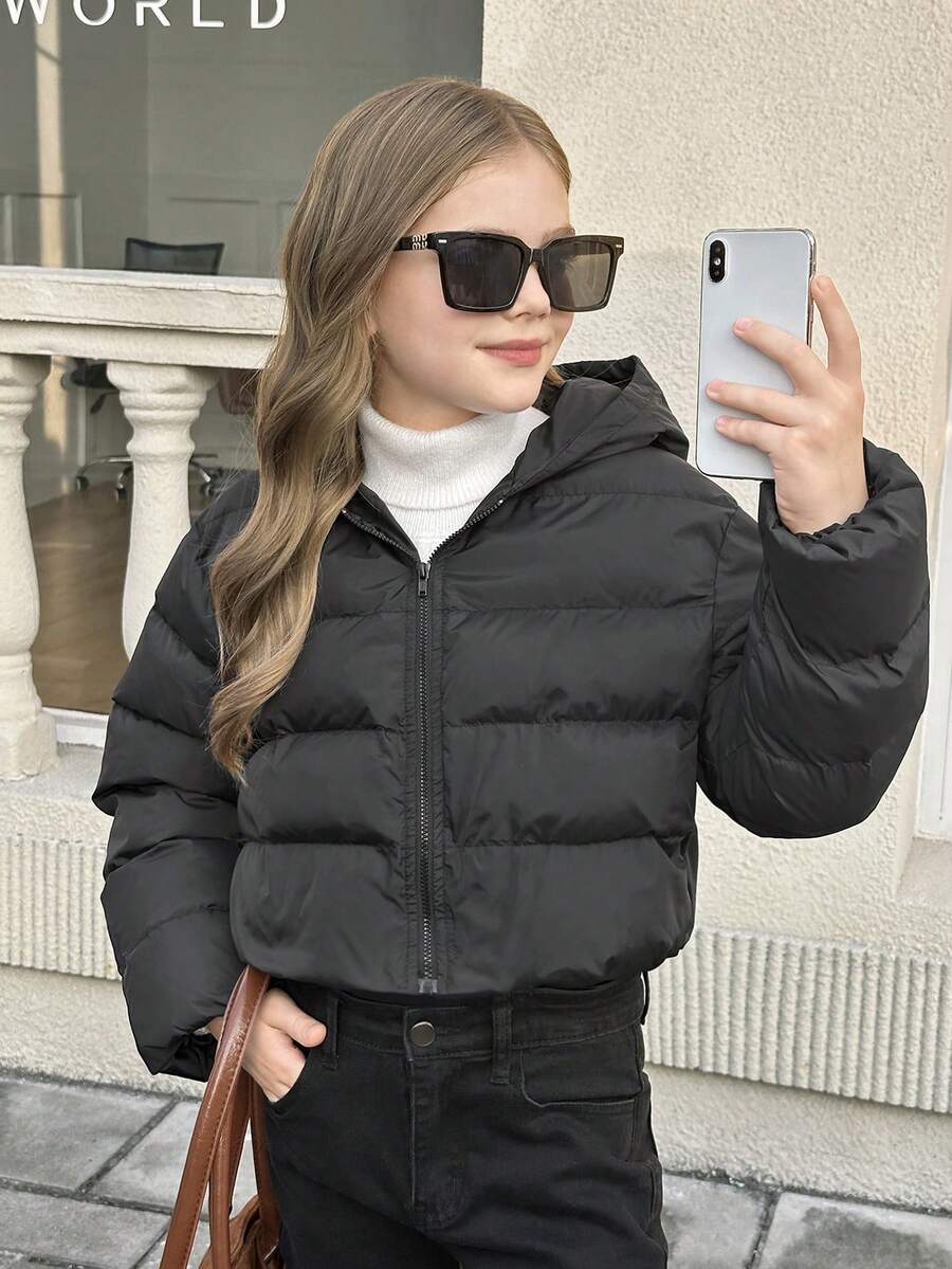 SHEIN 青少年女孩纯黑色冬季连帽短款黑色棉服冬季外套,秋冬思考者 - 黑色 - 查看 1