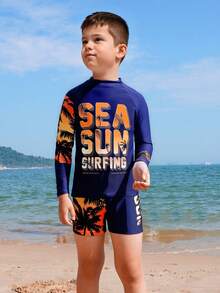 青少年男孩圆领长袖字母印花修身泳衣