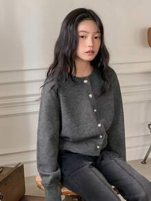 DAZY Áo len cardigan dệt kim đơn hàng ngày cổ tròn tay dài màu trơn cho bé gái tuổi mới lớn, mùa thu/đông - Xám - Xem 5