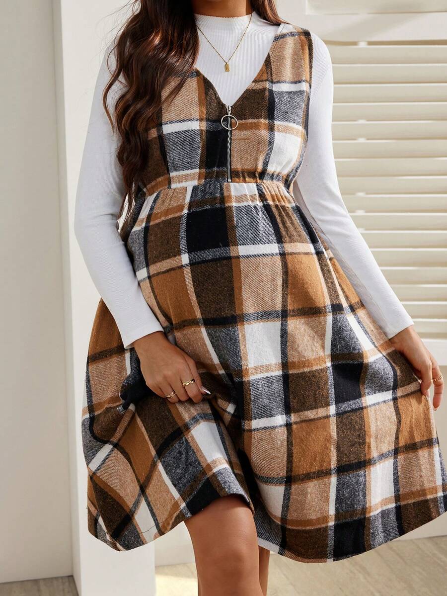 SHEIN 格子无袖褶皱拉链休闲日常孕妇装 - 彩色 - 查看 1